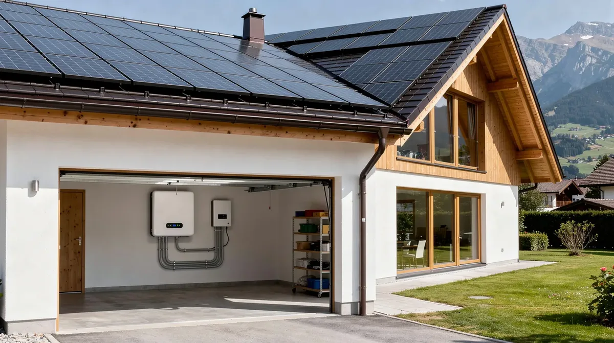 Sur le toit d'une maison individuelle en Suisse, des panneaux solaires sont installés, tandis qu'un boîtier de batterie de stockage est visible dans le garage ouvert, prêt à assurer l'autonomie énergétique grâce à l'énergie solaire. Cette installation photovoltaïque illustre l'importance de l'utilisation des batteries lithium pour optimiser la consommation d'électricité.