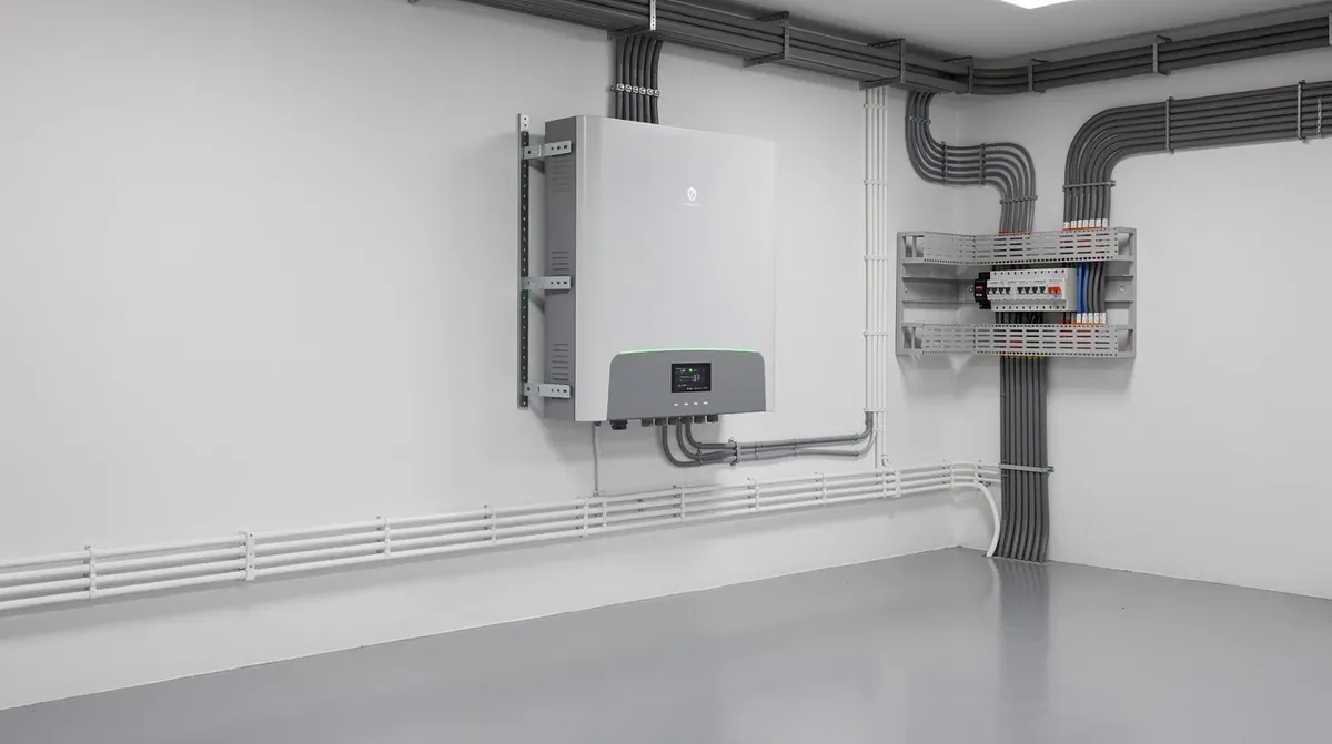 Une unité de batterie résidentielle lithium-ion est montée sur un mur dans un local technique bien éclairé, offrant une solution de stockage d'énergie pour une maison. Cette installation permet d'optimiser l'autoconsommation d'électricité issue des panneaux photovoltaïques.