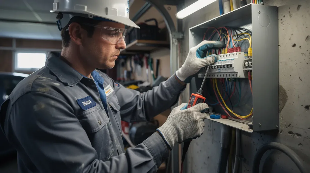 Un électricien examine minutieusement des connexions électriques sur un boîtier technique dans un garage résidentiel, assurant ainsi la sécurité et la performance du système d'énergie solaire. Ce travail est essentiel pour garantir le bon fonctionnement des panneaux photovoltaïques et des batteries de stockage.