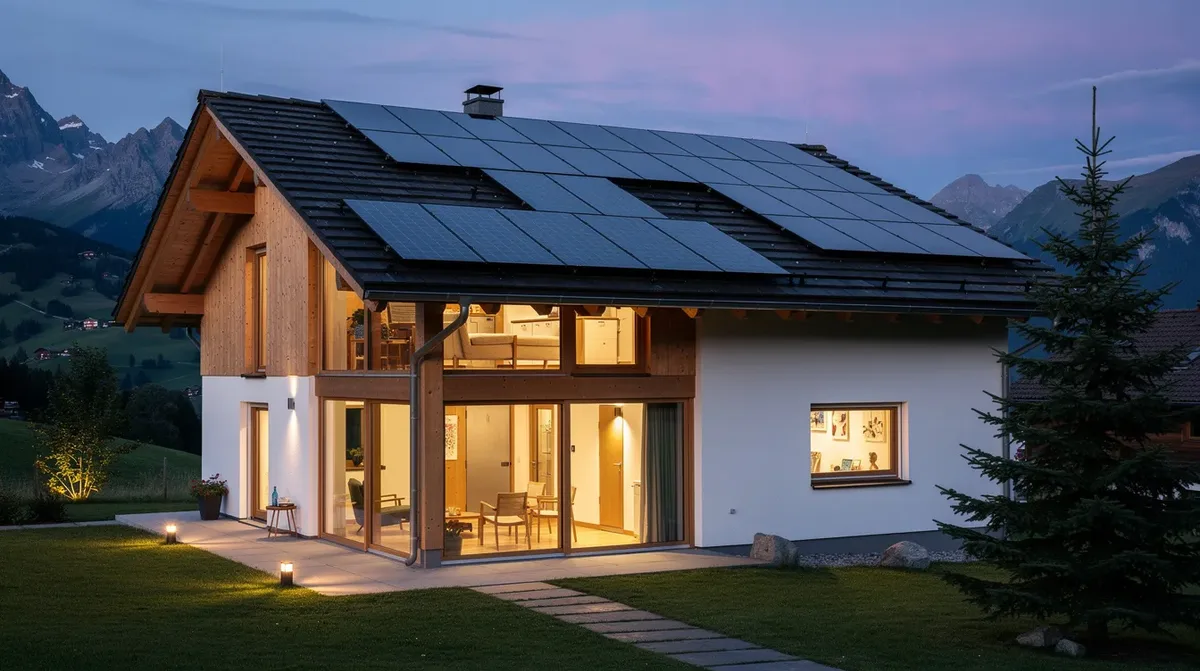 Cette image montre une maison moderne en Suisse au crépuscule, illuminée par des fenêtres chaleureuses, avec des panneaux solaires installés sur le toit, symbolisant l'utilisation de l'énergie solaire et la recherche d'autonomie grâce à des solutions d'énergie renouvelable. Les panneaux photovoltaïques témoignent de l'engagement des propriétaires envers une consommation électrique durable.