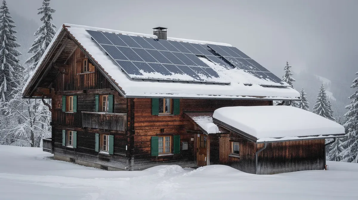 Cette image montre un chalet suisse en hiver, avec un toit partiellement enneigé équipé de panneaux solaires. Le ciel gris en arrière-plan souligne l'importance de l'énergie solaire même dans des conditions hivernales.