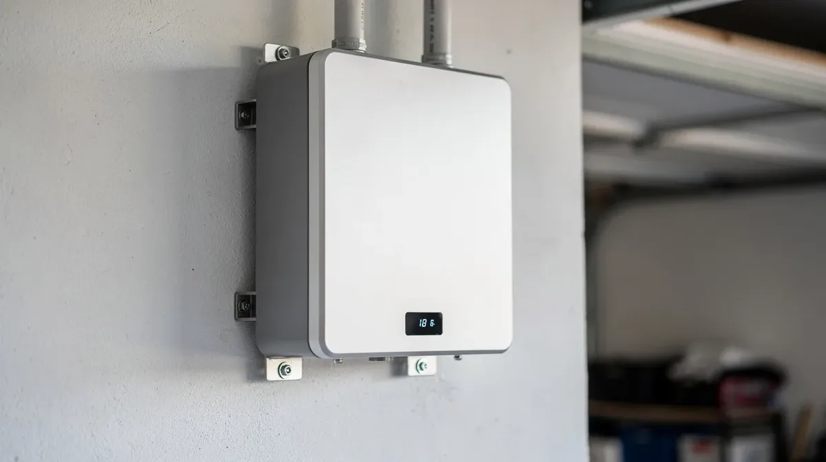 Gros plan sur un module de batterie lithium résidentiel fixé à un mur de garage, illustrant une solution de stockage d'énergie pour une maison, permettant une meilleure autonomie grâce à l'énergie solaire. Ce système est essentiel pour optimiser la consommation électrique et faire face aux coupures de courant.