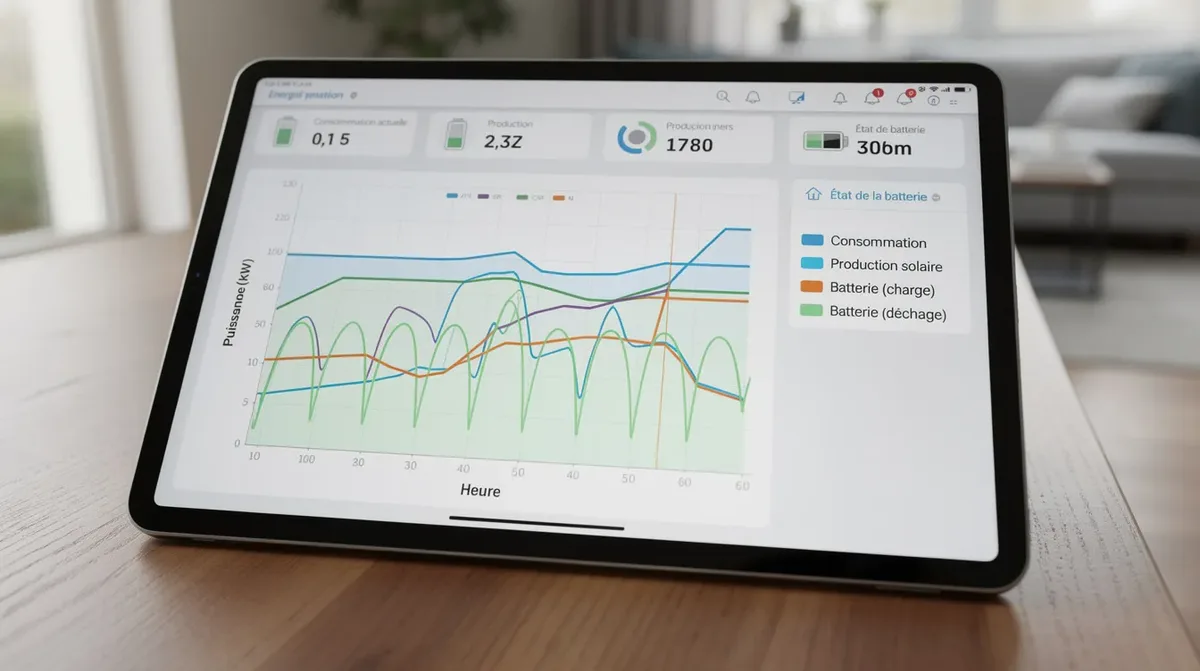 L'image montre un écran de monitoring d'énergie résidentiel affichant des courbes de charge et décharge d'une batterie solaire sur une tablette, posée sur une table. Ce système permet aux propriétaires de suivre l'autonomie et la production d'énergie solaire de leur installation, optimisant ainsi leur consommation d'électricité.