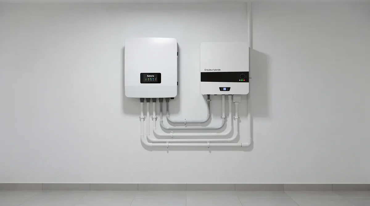 L'image montre un local technique résidentiel avec une batterie backup murale et un onduleur hybride soigneusement installés sur un mur blanc, illustrant une solution efficace pour l'alimentation électrique de secours dans une maison. Ces équipements sont essentiels pour assurer la continuité de l'énergie et la sécurité des foyers en cas de panne de courant.