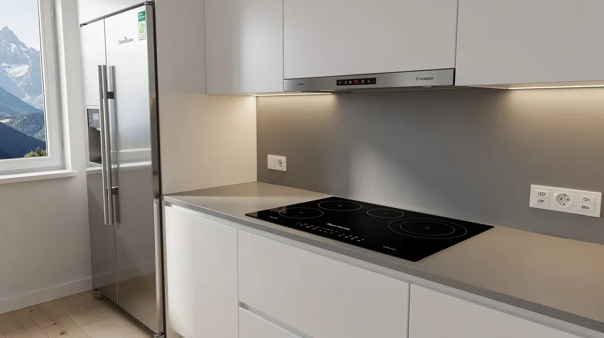 Cette image montre une cuisine moderne suisse avec plusieurs appareils ménagers courants alignés, incluant un réfrigérateur, une plaque à induction et un éclairage LED. L'ensemble des équipements reflète un design contemporain, offrant confort et fonctionnalité aux propriétaires de maison.
