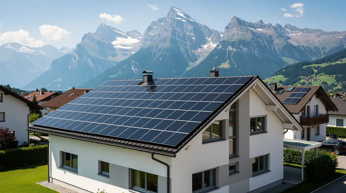 L'image montre des panneaux solaires installés sur le toit d'une maison individuelle en Suisse, avec des montagnes majestueuses en arrière-plan. Cette solution d'énergie renouvelable offre aux propriétaires une autonomie et un système de stockage pour assurer une alimentation électrique même en cas de panne de courant.