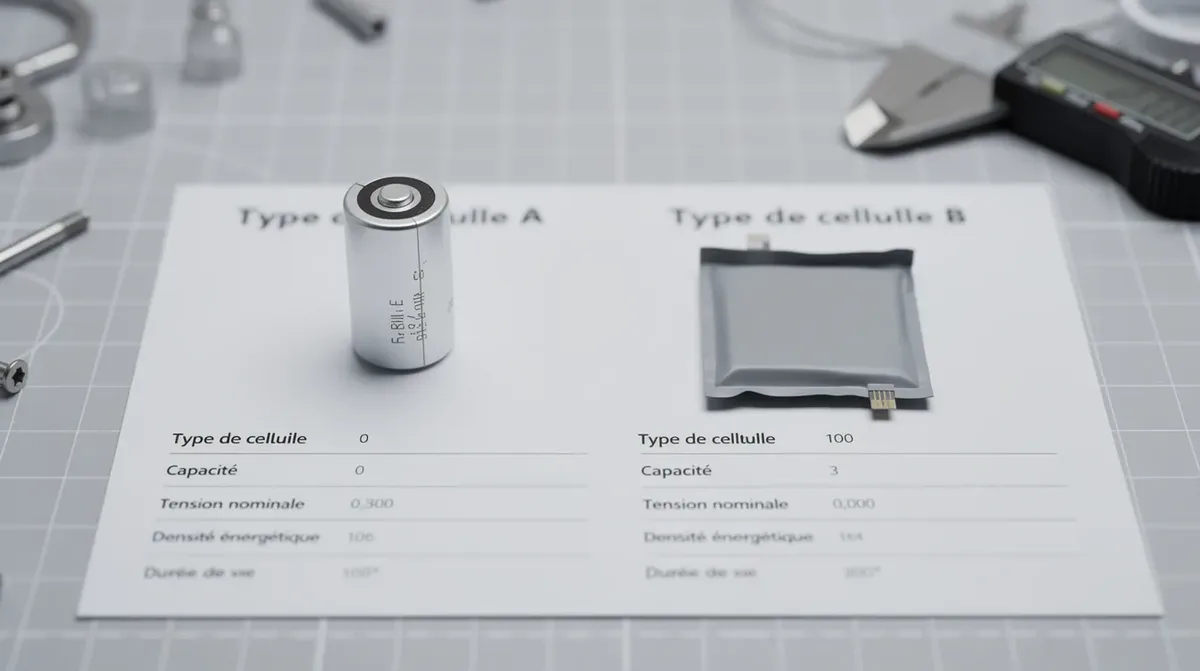L'image montre un tableau comparatif de deux types de cellules de batteries, l'une étant une batterie LFP (lithium fer phosphate) et l'autre une batterie NMC (nickel manganèse cobalt), posées sur une surface technique de laboratoire. Ce tableau met en évidence les différences de densité énergétique, durée de vie et performances entre ces deux technologies de batteries lithium-ion utilisées dans les véhicules électriques.