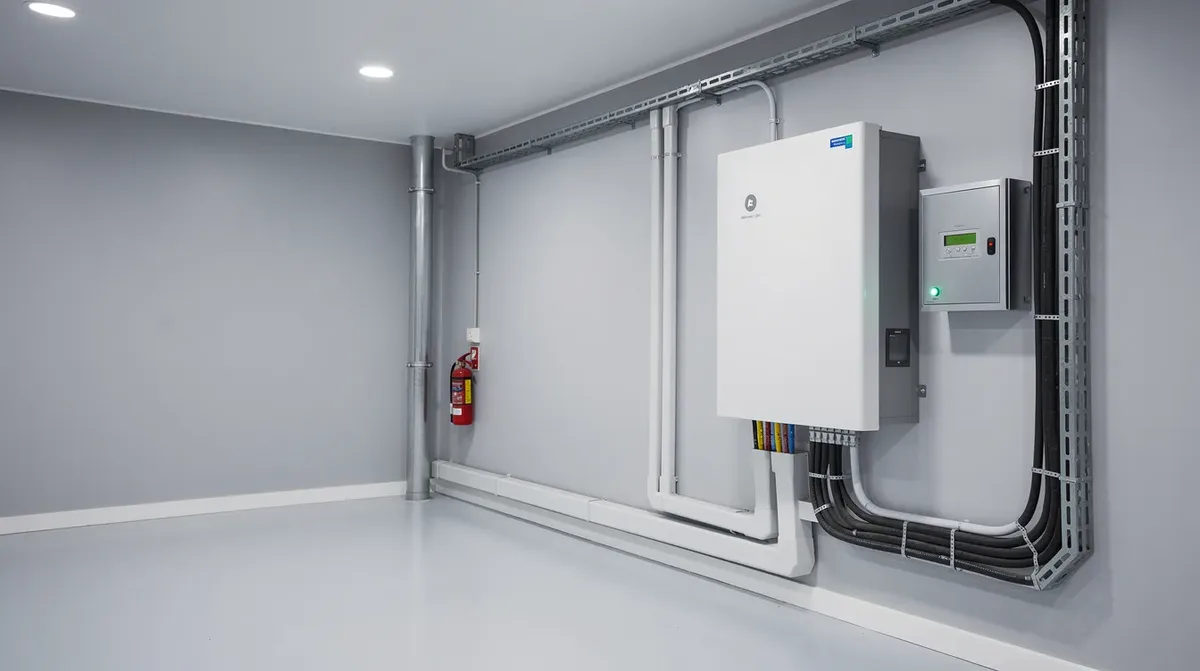 L'image montre un local technique résidentiel, propre et sécurisé, où une batterie de stockage est installée au mur. Cette batterie, probablement de type lithium-ion, pourrait être une batterie LFP (lithium fer phosphate) ou NMC (nickel manganèse cobalt), illustrant les solutions de stockage d'énergie pour les besoins des maisons modernes.