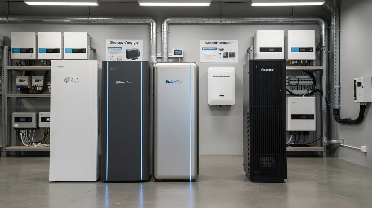 L'image montre plusieurs batteries de stockage résidentiel de différentes marques soigneusement alignées dans un showroom technique, mettant en avant des modèles de batteries lithium-ion, notamment des types LFP et NMC. Ces batteries, conçues pour optimiser l'énergie des véhicules électriques, illustrent la diversité des options disponibles sur le marché.