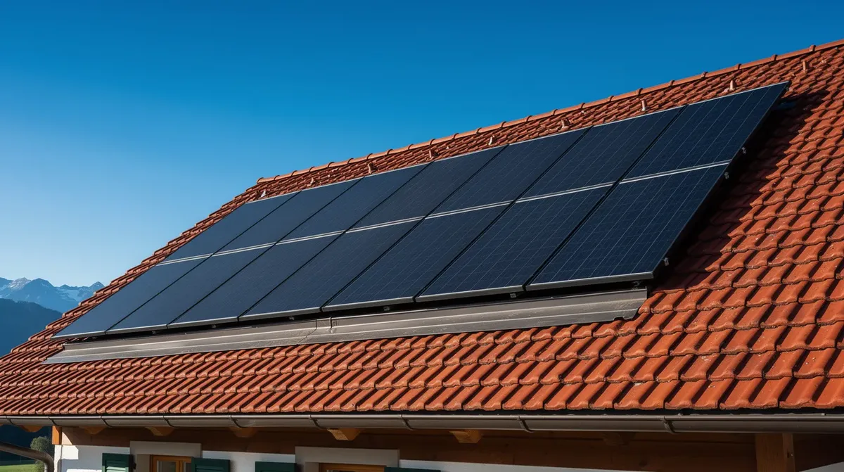 Une rangée de panneaux solaires est installée sur le toit d'une maison suisse, ornée de tuiles rouges, sous un ciel bleu éclatant. Cette installation pourrait être compatible avec des systèmes comme la batterie Enphase IQ 5P, offrant une solution énergétique durable.