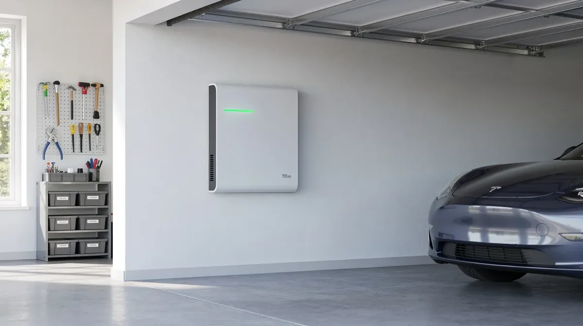 L'image montre un système de batterie domestique Enphase IQ Battery 5P monté sur le mur d'un garage moderne, illustrant une installation soignée et fonctionnelle. Ce système, avec sa capacité de 5,0 kWh, est conçu pour optimiser l'utilisation de l'énergie dans une maison contemporaine.