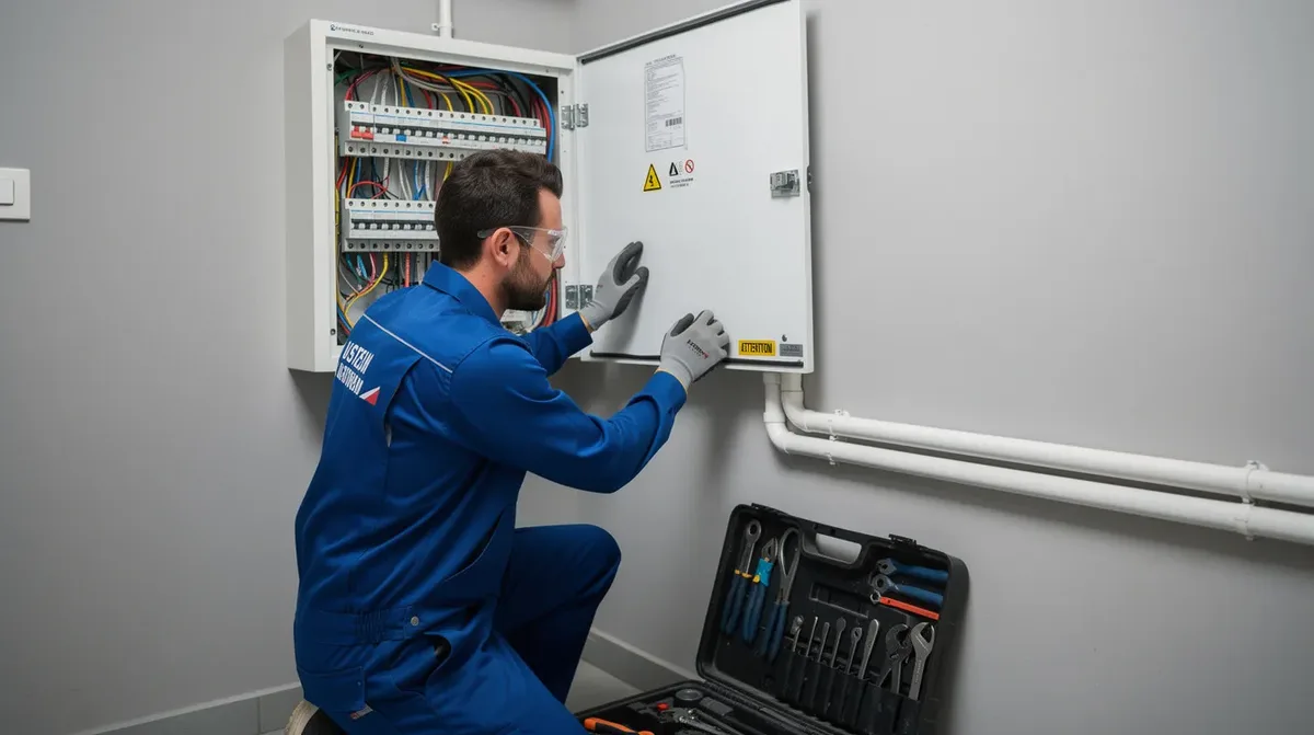 Un technicien est en train d'installer une batterie compatible Enphase, spécifiquement le modèle IQ Battery 5P, dans un local technique résidentiel. L'image montre l'équipement électrique fixé au mur, avec des outils et des câbles visibles autour de lui.