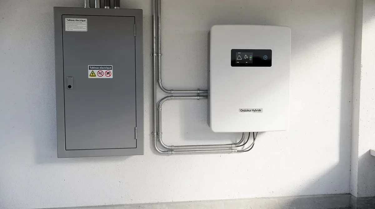 L'image montre un onduleur hybride résidentiel, modèle Fronius Gen24, monté sur un mur de garage, à côté d'un tableau électrique. Cet équipement fait partie d'une solution de stockage d'énergie, offrant des performances optimales pour l'alimentation de secours et l'autoconsommation.
