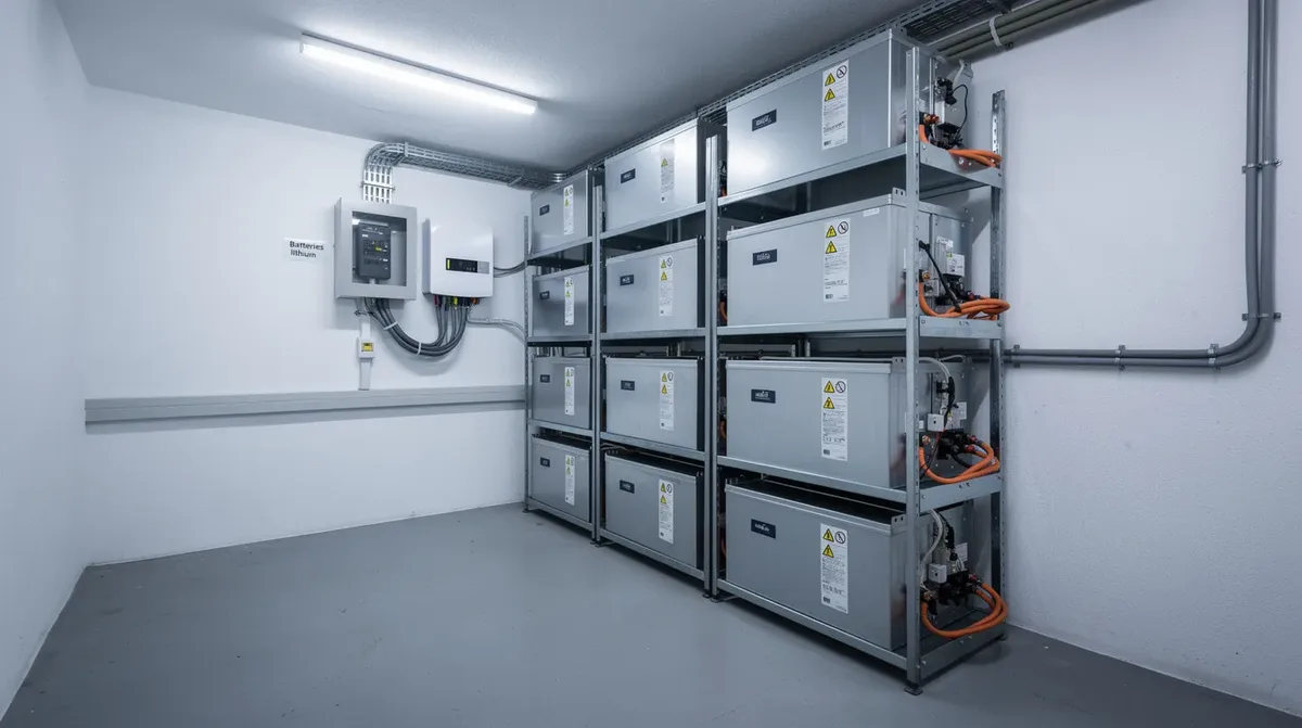 L'image montre des modules de batteries lithium empilés dans un local technique résidentiel, offrant une solution de stockage d'énergie efficace pour les systèmes Fronius Gen24. Ces batteries, essentielles pour l'alimentation de secours, sont disposées de manière ordonnée, mettant en avant leur capacité à fournir une source d'énergie fiable.