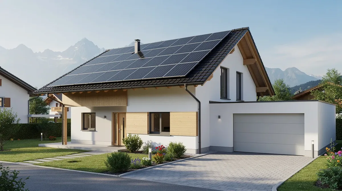 Une maison résidentielle suisse est visible, équipée de panneaux solaires sur le toit et d'un garage attenant. Cette installation pourrait inclure des systèmes comme le Fronius Gen24 pour une gestion optimale de l'énergie et de l'autoconsommation.