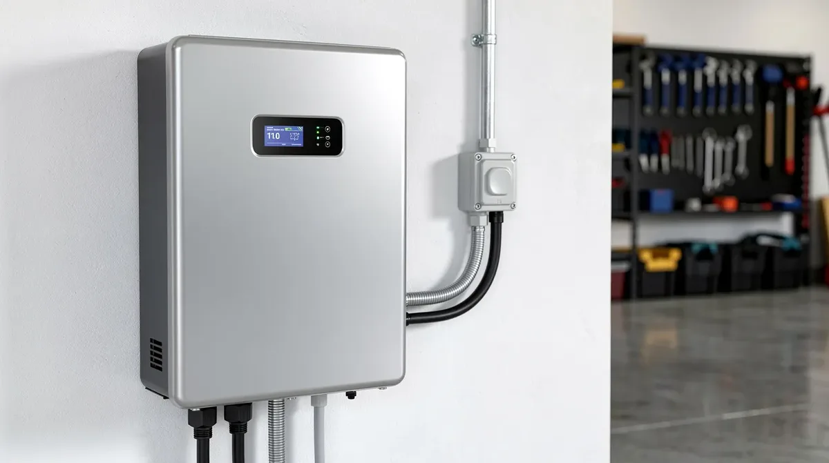 Image rapprochée d'un module de batterie résidentielle SolarEdge, fixé au mur d'un garage propre et bien éclairé, mettant en avant ses composants et son design moderne. Ce système de stockage d'énergie, connu sous le nom de "SolarEdge Home Battery", est conçu pour optimiser l'utilisation de l'énergie solaire.