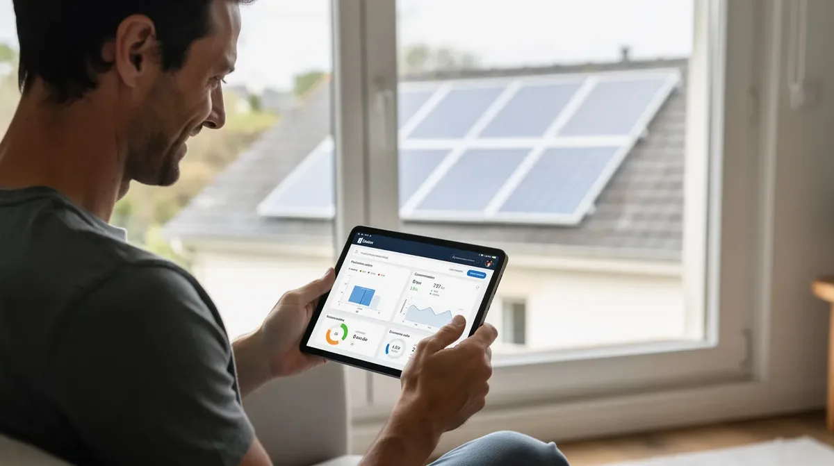 Un propriétaire de maison consulte une tablette pour vérifier des informations sur les panneaux solaires installés sur son toit, en se concentrant sur le système SolarEdge, y compris la batterie compatible SolarEdge et l'onduleur. L'image montre une personne attentive, entourée de lumière naturelle, mettant en avant l'importance des énergies renouvelables.