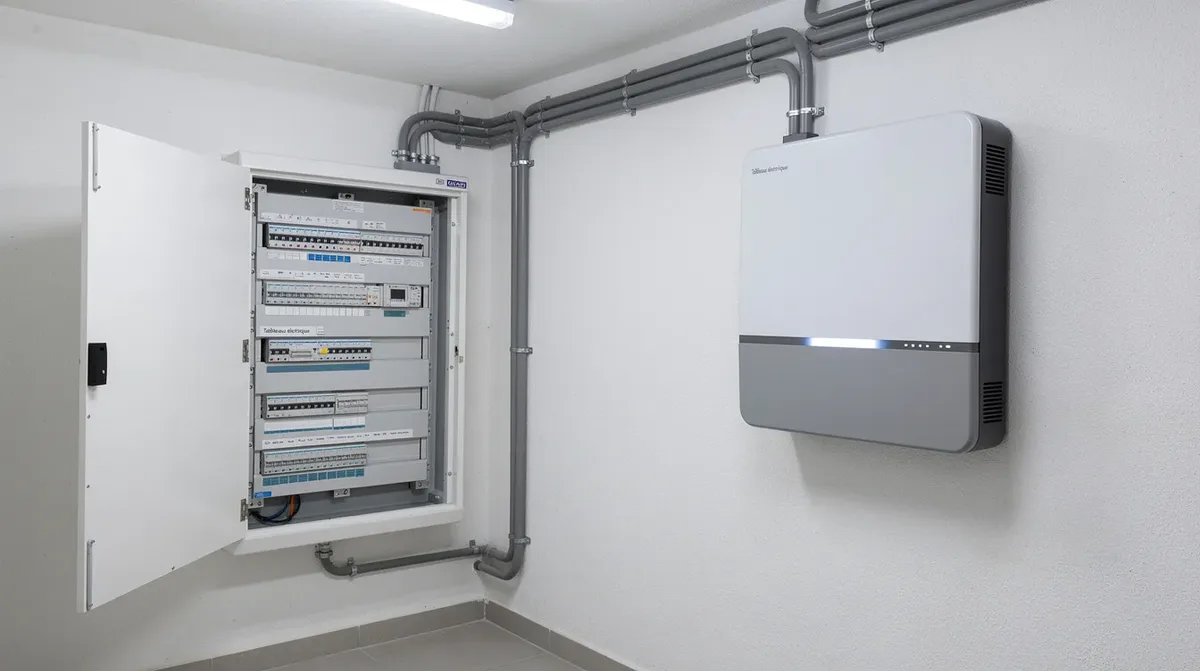 L'image montre une batterie murale lithium-ion installée dans un local technique résidentiel, positionnée à côté d'un tableau électrique. Cette installation permet de stocker l'énergie produite par des panneaux solaires, offrant ainsi une autonomie accrue pour les besoins énergétiques de la maison.