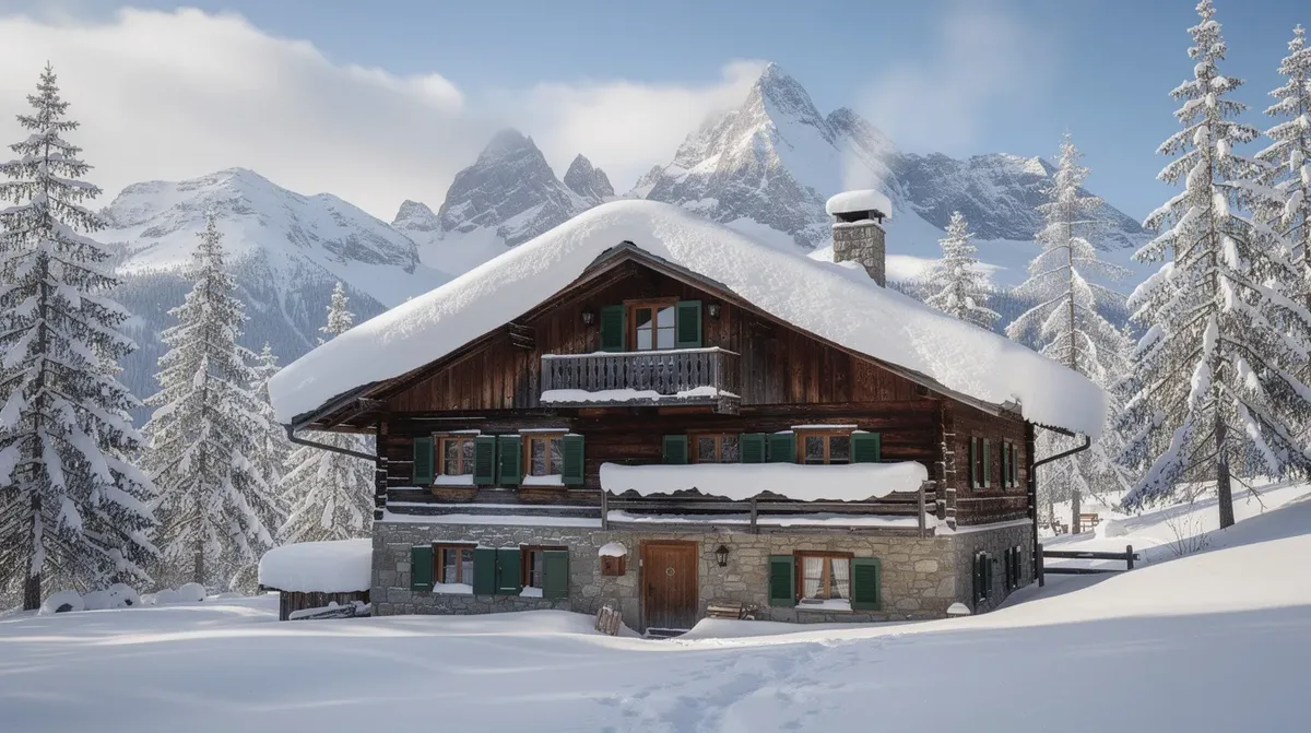 L'image montre un chalet suisse pittoresque en montagne, recouvert de neige sur son toit, créant une atmosphère hivernale paisible. Ce paysage évoque une ambiance chaleureuse et accueillante, idéale pour un foyer autonome en énergie, même en hiver.