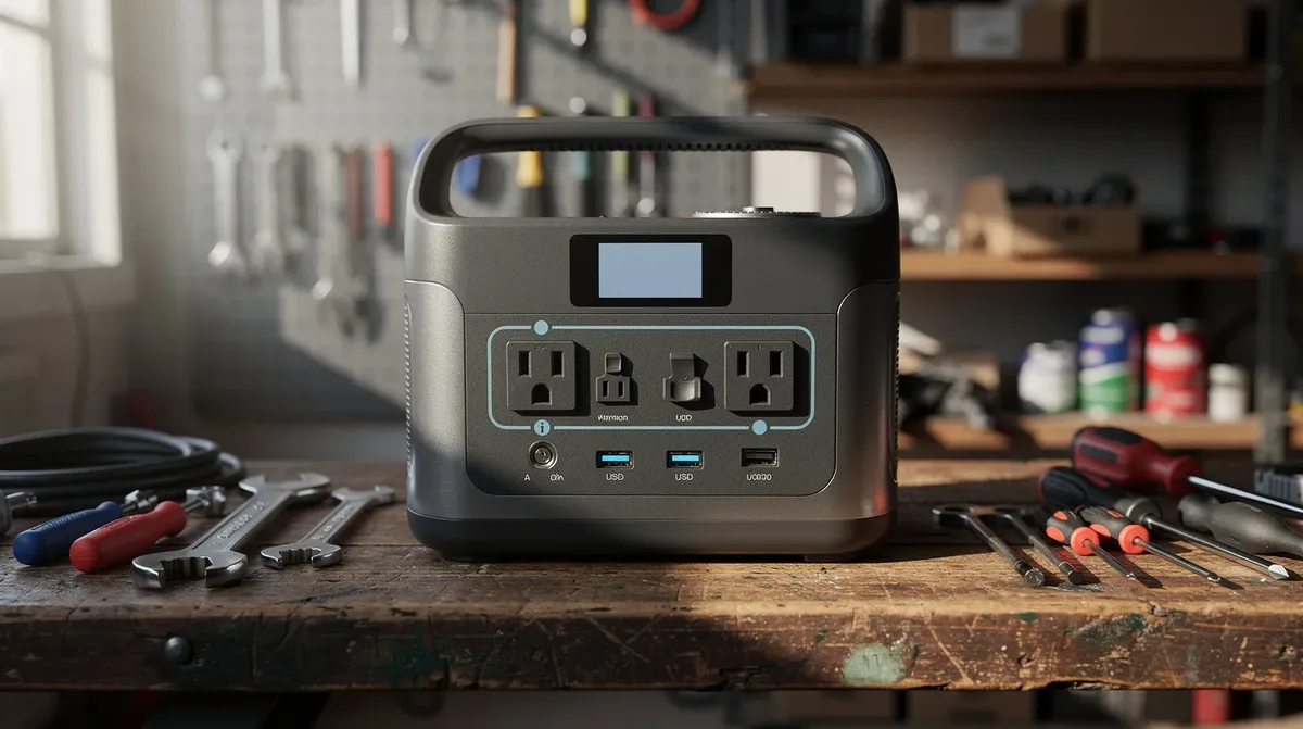 Une station d'énergie portable est posée sur un établi dans un garage, entourée d'outils. Cette batterie, conçue pour le stockage d'énergie, illustre une solution pratique pour l'autonomie électrique dans un foyer.