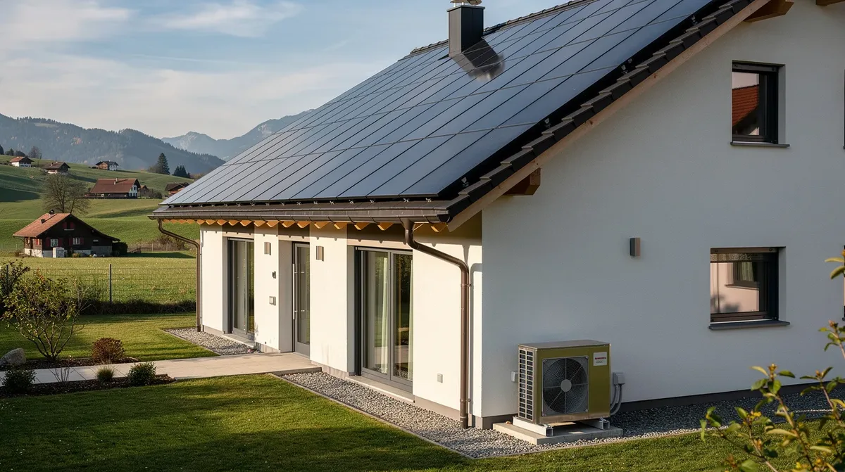 Une maison individuelle typique de la campagne fribourgeoise, équipée de panneaux solaires sur le toit et d'une pompe à chaleur extérieure, se dresse dans un quartier résidentiel. Cette installation solaire symbolise la transition vers une autonomie énergétique en Suisse romande.