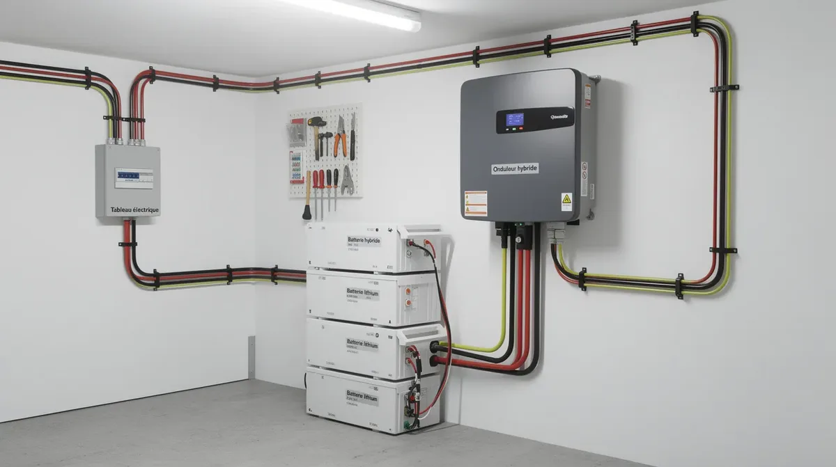 L'image montre un local technique résidentiel équipé d'un onduleur hybride mural et d'une batterie lithium empilée, avec des câbles visibles et un éclairage de service. Cette installation solaire, typique de la région de Fribourg en Suisse romande, illustre une solution de stockage d'énergie pour une meilleure autonomie électrique.