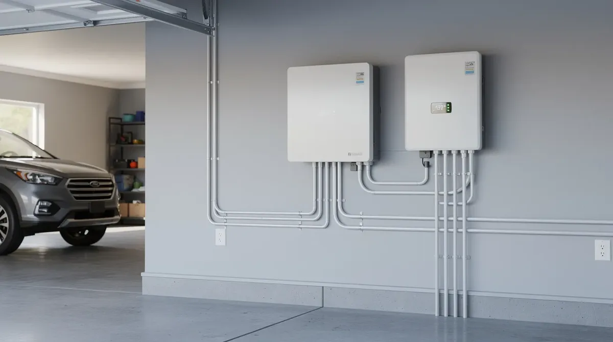 Une batterie solaire murale est installée dans le garage d'une maison résidentielle, avec un câblage soigné et un onduleur positionné à proximité. Cette installation, essentielle pour le stockage d'énergie solaire, contribue à l'autonomie énergétique du bâtiment dans le canton de Fribourg, en Suisse romande.
