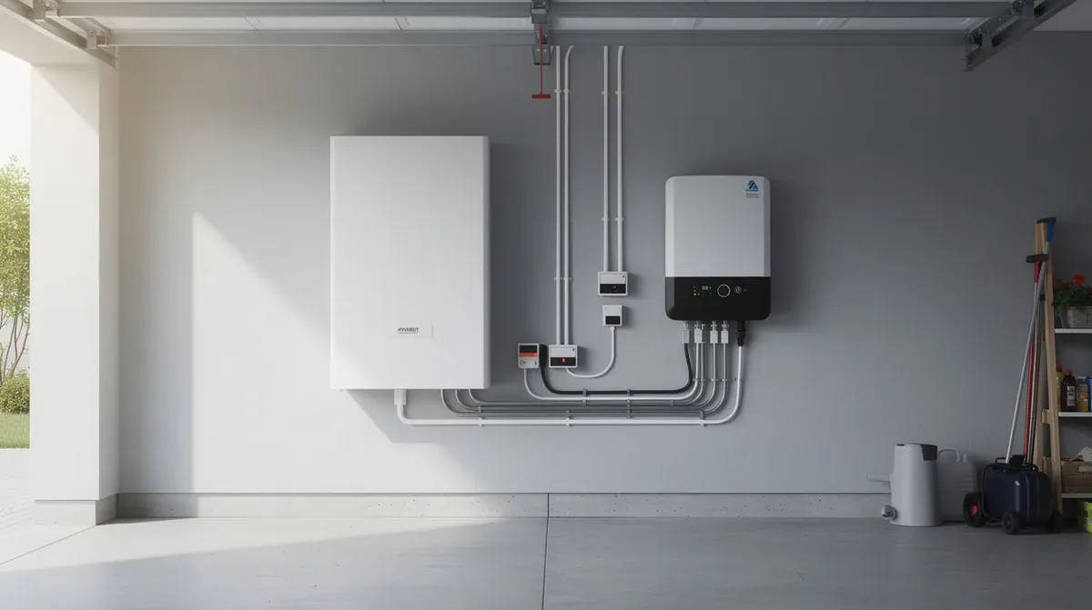 L'image montre une batterie résidentielle lithium-ion élégamment installée dans un garage propre, à côté d'un onduleur hybride, illustrant une solution de stockage d'énergie moderne et efficace pour l'autoconsommation. Cette installation, typique de la suisse romande, met en avant l'importance de l'énergie solaire et des systèmes de stockage pour une maison durable et autonome.