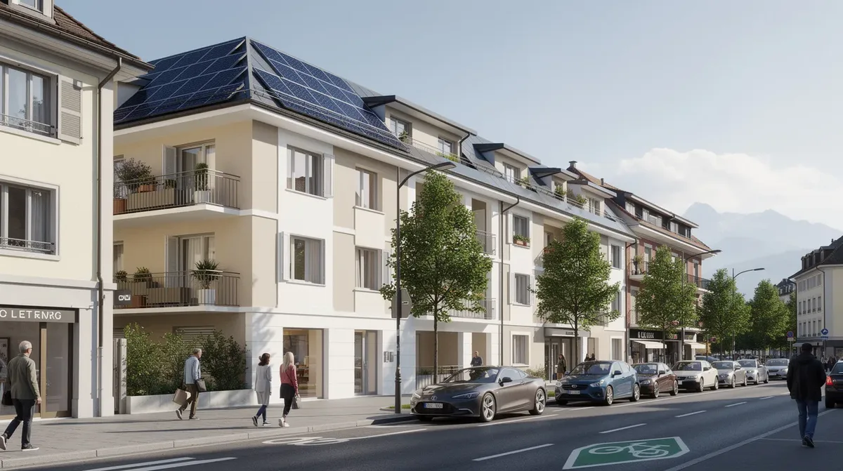 Cette image montre un immeuble résidentiel situé à Genève, avec des panneaux solaires photovoltaïques installés sur son toit plat, visible depuis la rue. Ce bâtiment illustre l'engagement de la Suisse romande envers l'énergie solaire et la transition vers des solutions durables.