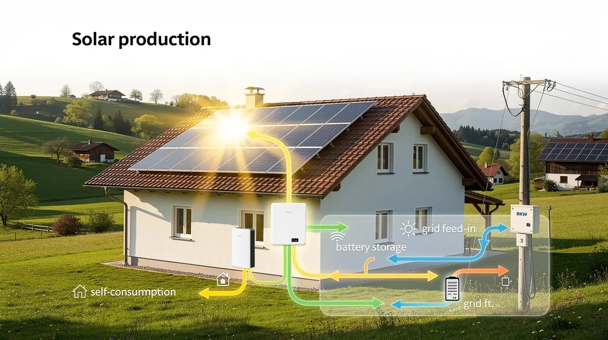 L'image montre un système de panneaux solaires sur le toit d'une maison typique du canton du Jura, avec un unité de stockage de batterie à côté, illustrant le flux d'énergie entre l'énergie solaire, le stockage et le réseau électrique BKW. Les rayons du soleil illuminent les panneaux, tandis que l'électricité est stockée dans la batterie et que l'excédent d'énergie circule vers le réseau, soulignant l'importance des énergies renouvelables pour l'autoconsommation en milieu rural.