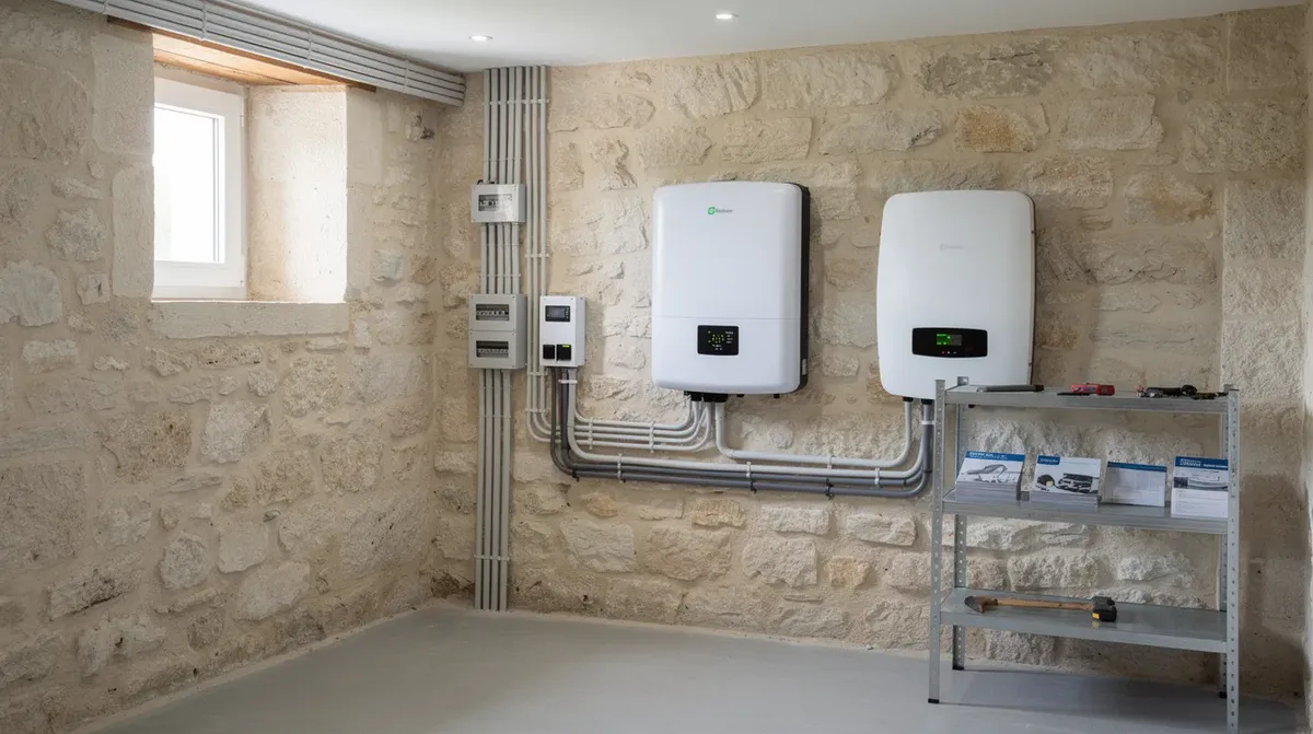 Une batterie murale de stockage est installée dans un local technique d'une maison individuelle en pierre, avec un câblage soigné et un onduleur visible à côté, illustrant une solution d'énergie solaire efficace pour l'autoconsommation. Cette installation photovoltaïque dans le canton du Jura permet de maximiser l'utilisation des énergies renouvelables.