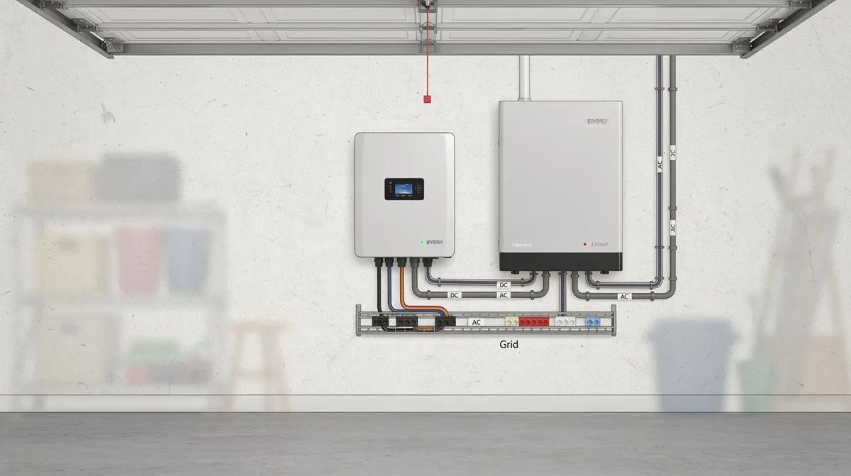 Cette illustration montre un ensemble d'équipements de stockage d'énergie, comprenant une batterie lithium murale, un onduleur hybride, ainsi que des câbles de raccordement, le tout installé dans un garage résidentiel. Ces éléments font partie d'une solution clé en main pour l'énergie solaire, permettant une autoconsommation optimale dans le canton du Jura.