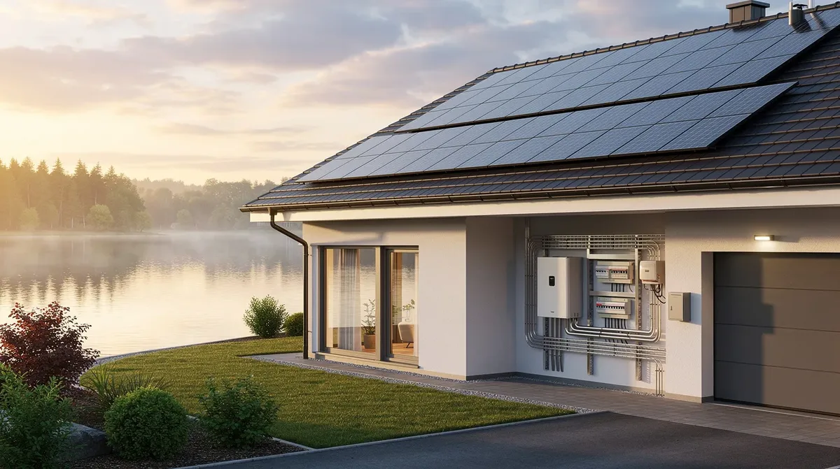 Une maison au bord d'un lac, équipée de panneaux photovoltaïques sur le toit, est visible avec des équipements techniques installés sur le mur du garage, illustrant l'utilisation de l'énergie solaire dans le canton de Neuchâtel. L'ensemble montre un projet d'autoconsommation et de stockage d'électricité, soulignant l'importance de l'énergie renouvelable.