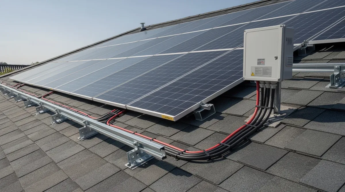 L'image montre des panneaux photovoltaïques installés sur le toit d'un bâtiment, avec un câblage électrique et un boîtier de raccordement au réseau visible, illustrant ainsi une installation d'énergie solaire dans le canton de Neuchâtel. Cette configuration permet de produire de l'électricité et de favoriser l'autoconsommation grâce à l'énergie renouvelable.