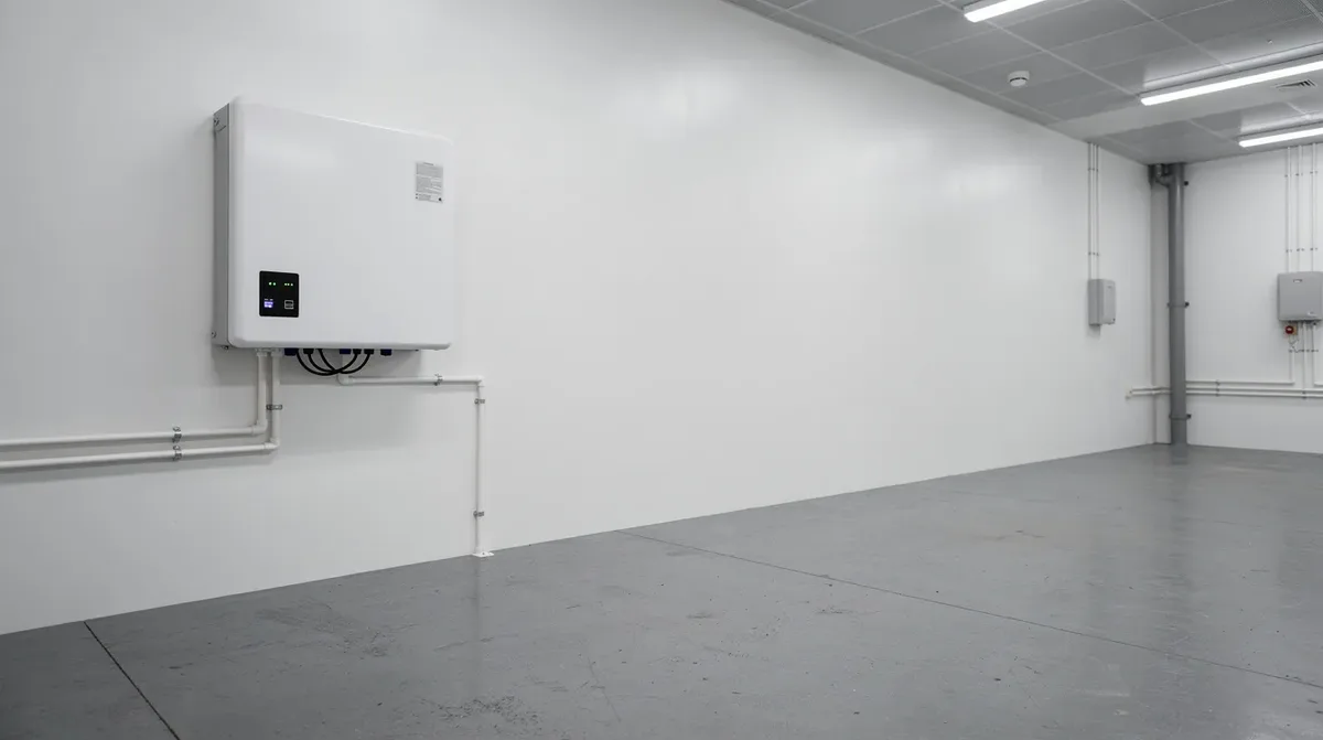 Une batterie murale blanche est fixée dans un local technique propre, avec un sol en béton et un éclairage artificiel, illustrant une installation moderne pour le stockage d'électricité, essentielle pour l'autoconsommation d'énergie solaire dans le canton de Neuchâtel. Ce système permet une utilisation efficace des panneaux photovoltaïques et contribue à l'autonomie énergétique des propriétaires.
