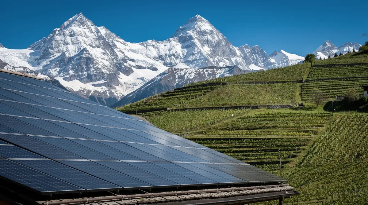 L'image montre un toit de maison valaisanne équipé de panneaux solaires, avec des vignobles verdoyants et des montagnes enneigées en arrière-plan sous un ciel bleu éclatant. Cette installation photovoltaïque illustre l'utilisation de l'énergie solaire pour une autonomie énergétique dans le Valais, en Suisse.