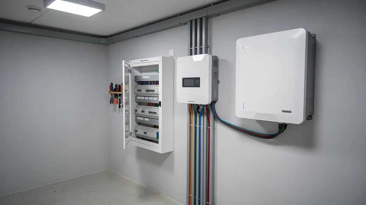 L'image montre un local technique bien organisé où une batterie solaire murale blanche est installée à côté d'un onduleur et d'un tableau électrique, illustrant une solution moderne pour le stockage d'énergie et l'autoconsommation. Ce type d'installation contribue à l'indépendance énergétique et à la durabilité, essentiel dans le cadre de la transition vers une énergie renouvelable en Valais, Suisse.