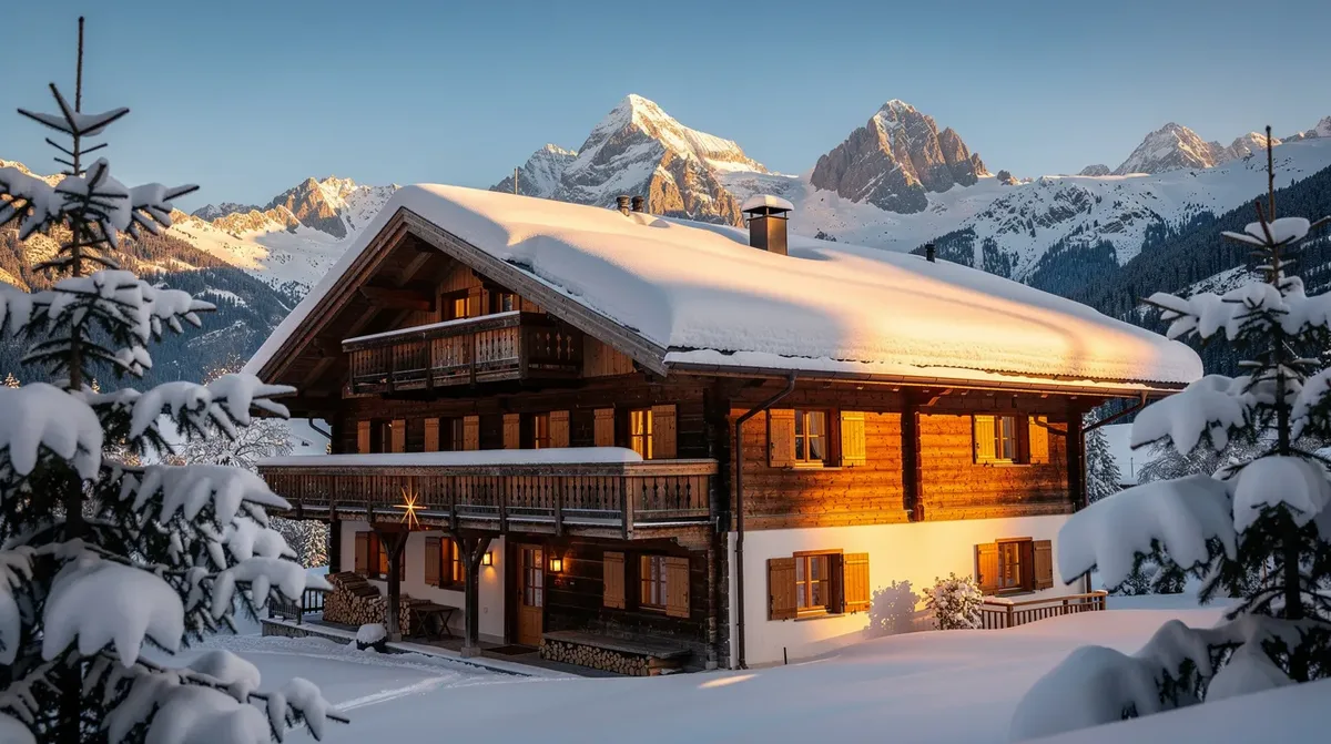 Un chalet de montagne suisse recouvert de neige avec un toit enneigé, surplombé par des montagnes majestueuses en arrière-plan. Cette scène hivernale évoque un environnement paisible et naturel, idéal pour envisager l'installation de panneaux solaires pour une autonomie énergétique durable.
