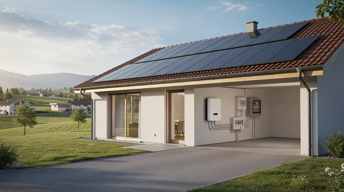 Une villa individuelle située dans le plateau suisse romand, équipée de panneaux solaires sur le toit et d'une batterie murale visible dans le garage, témoignant d'une installation solaire moderne et d'une recherche d'autonomie énergétique. Cette maison illustre les solutions de stockage d'énergie, telles que les batteries lithium-ion, pour optimiser la consommation d'électricité.