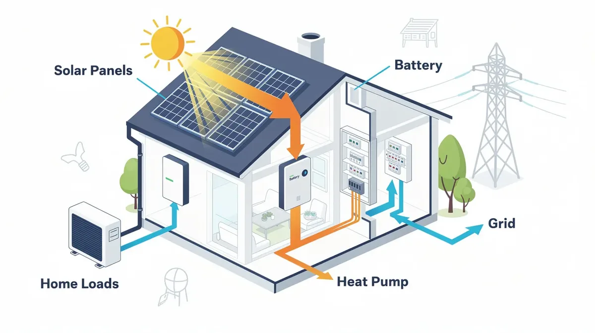 Diagramme illustrant le flux d'énergie dans une maison, montrant comment l'énergie solaire captée par des panneaux solaires sur le toit charge une batterie murale. Cette batterie alimente ensuite une pompe à chaleur et se connecte au réseau électrique, favorisant l'autonomie énergétique et la réduction de la dépendance aux sources d'électricité traditionnelles.