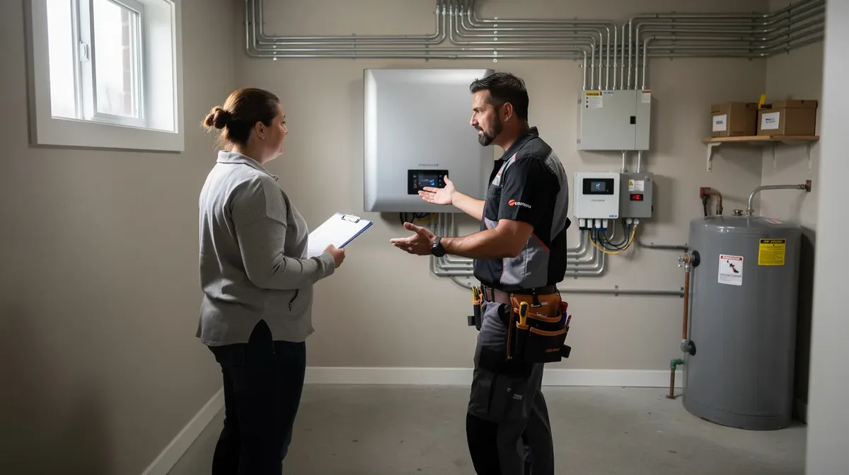 Un propriétaire discute avec un installateur devant une batterie murale dans un local technique résidentiel, illustrant l'importance des batteries de stockage pour l'autoconsommation d'énergie solaire. Cette interaction met en lumière les solutions d'installation photovoltaïque et les avantages de l'énergie renouvelable dans le canton de Vaud.