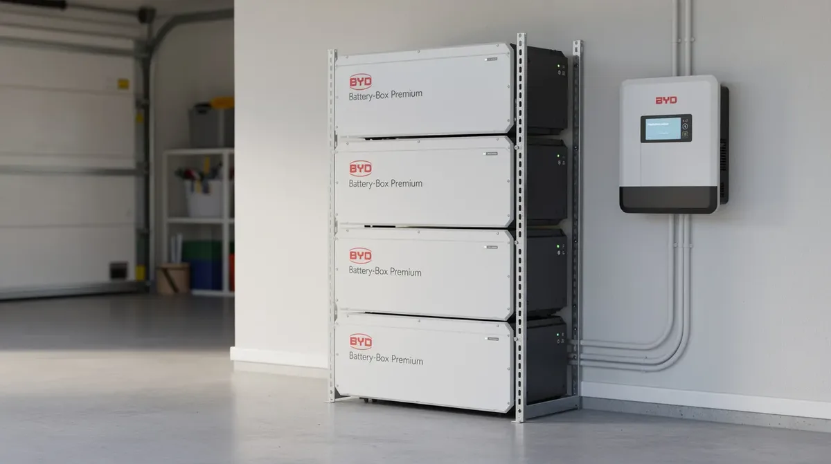 L'image montre des modules de batterie BYD Battery-Box Premium empilés dans un garage résidentiel, positionnés au sol à côté d'un onduleur solaire. Ces batteries, utilisant la technologie LiFePO4, représentent une solution de stockage d'énergie efficace pour les foyers.