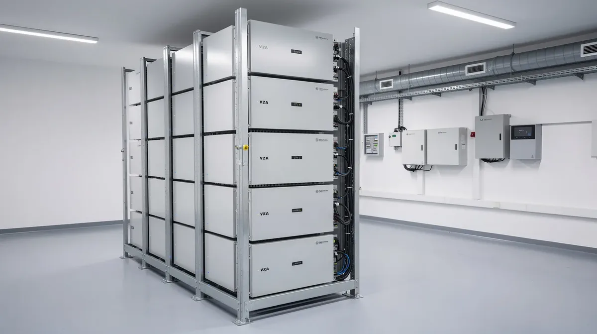 L'image montre des modules de batterie résidentiels de la marque BYD, empilés en tour dans un local technique propre et bien éclairé. Ces unités, utilisant la technologie LiFePO4, sont conçues pour optimiser le stockage d'énergie dans les systèmes de batteries pour maisons et véhicules électriques.