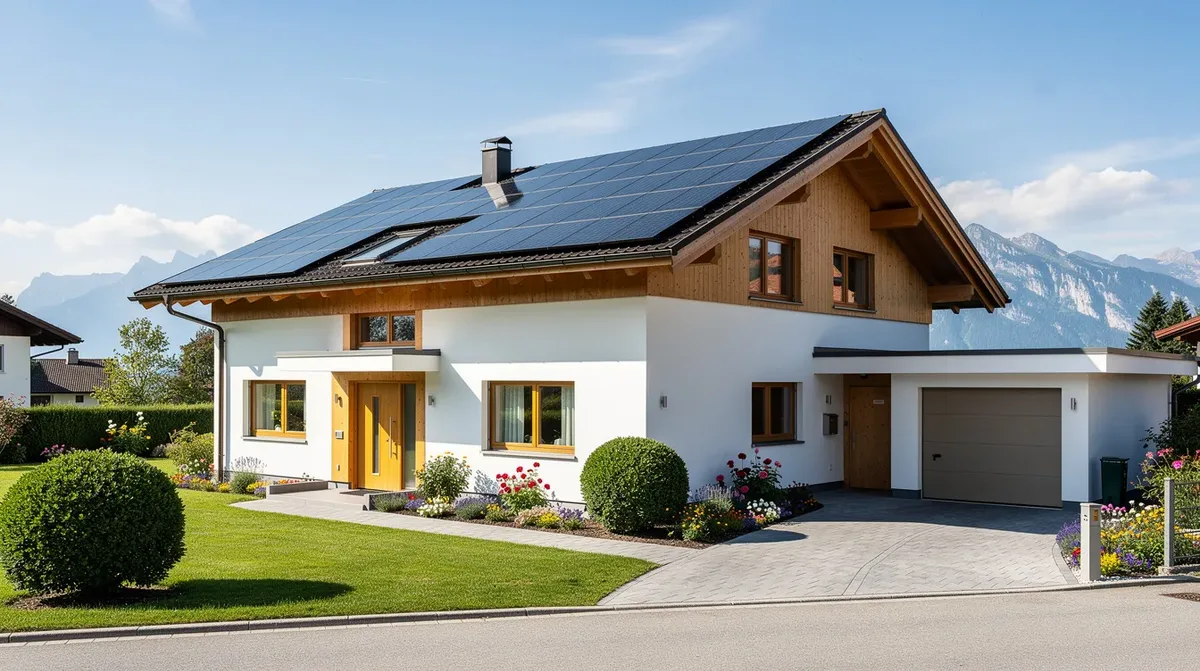 Une maison individuelle suisse est visible avec des panneaux solaires installés sur le toit, sous un ciel ensoleillé. Ce design moderne met en avant l'utilisation de l'énergie renouvelable, idéale pour les systèmes de stockage comme la batterie BYD, contribuant à une autonomie énergétique pour les familles.