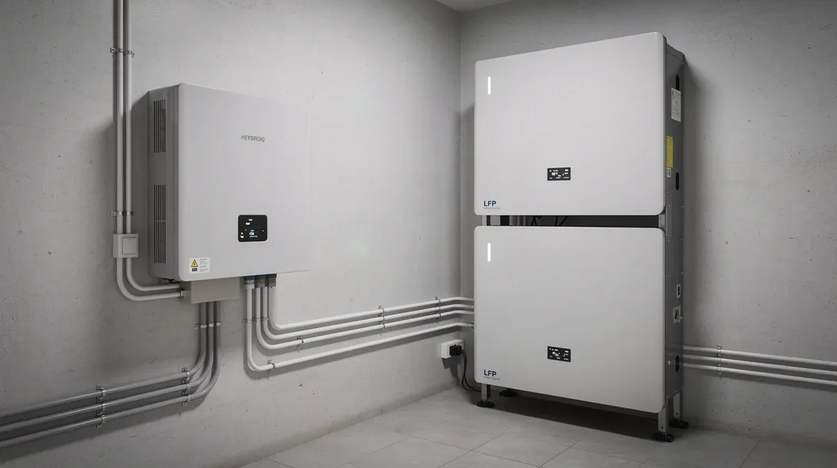 Deux batteries résidentielles LFP empilées dans un local technique, à côté d'un onduleur hybride, illustrent une installation moderne de stockage d'énergie. Ce système, qui peut inclure des marques comme BYD ou Pylontech, est conçu pour optimiser l'efficacité et la sécurité des applications hors réseau.