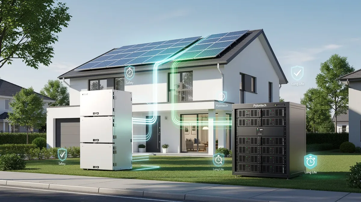 L'illustration numérique montre un système moderne de stockage d'énergie solaire résidentielle, avec deux unités de batterie distinctes étiquetées "BYD" et "Pylontech". Les panneaux solaires sont visibles sur le toit, et des éléments visuels comme des lignes d'énergie lumineuses symbolisent l'efficacité et la sécurité de ces technologies avancées.