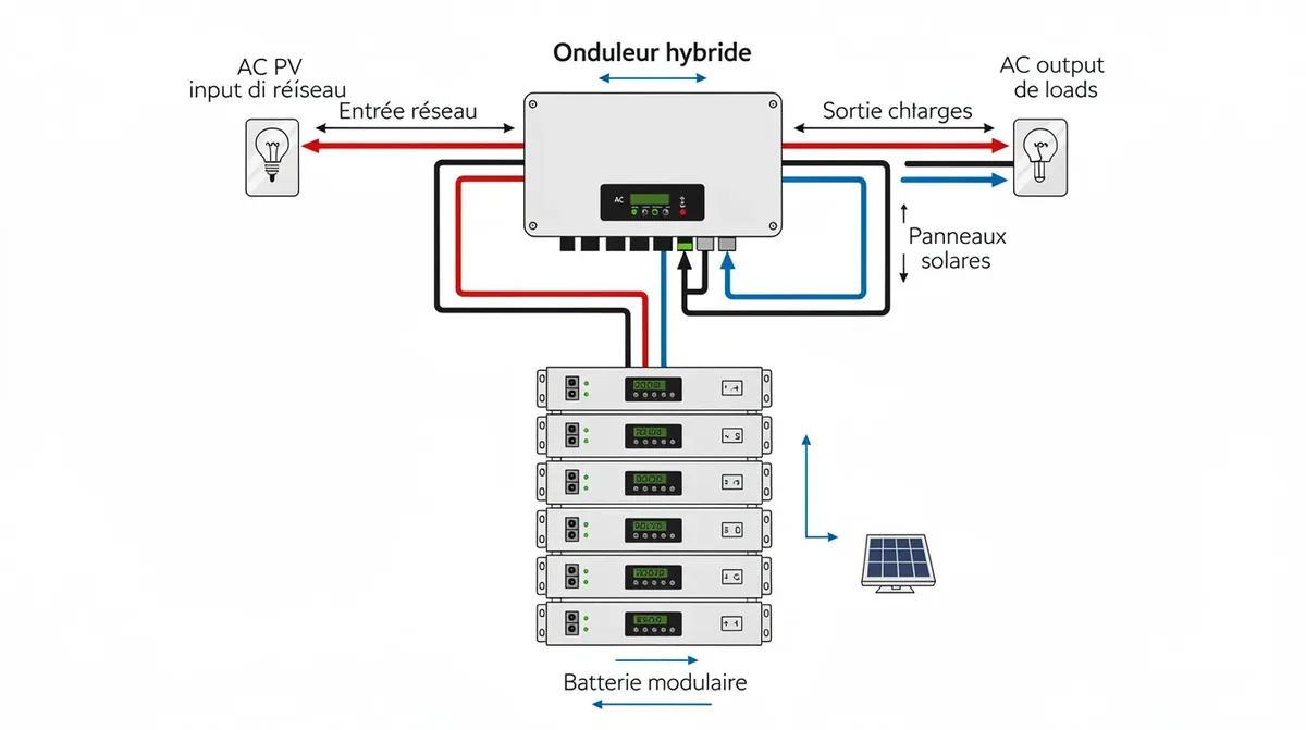 Schéma de câblage illustrant un onduleur hybride connecté à un ensemble de batteries modulaires, mettant en avant les systèmes de stockage d'énergie tels que ceux de BYD et Pylontech. Ce diagramme détaille les connexions et la configuration nécessaires pour assurer une installation sécurisée et efficace.