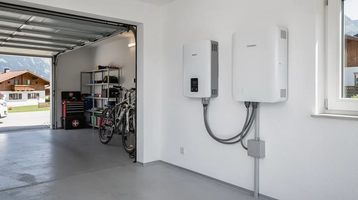 Cette image montre un garage résidentiel typique en Suisse, où l'on peut voir une batterie de stockage murale à côté d'un onduleur, illustrant une installation moderne pour l'autoconsommation d'énergie solaire. La batterie, probablement de type lithium ion, est conçue pour optimiser l'autonomie électrique de la maison.
