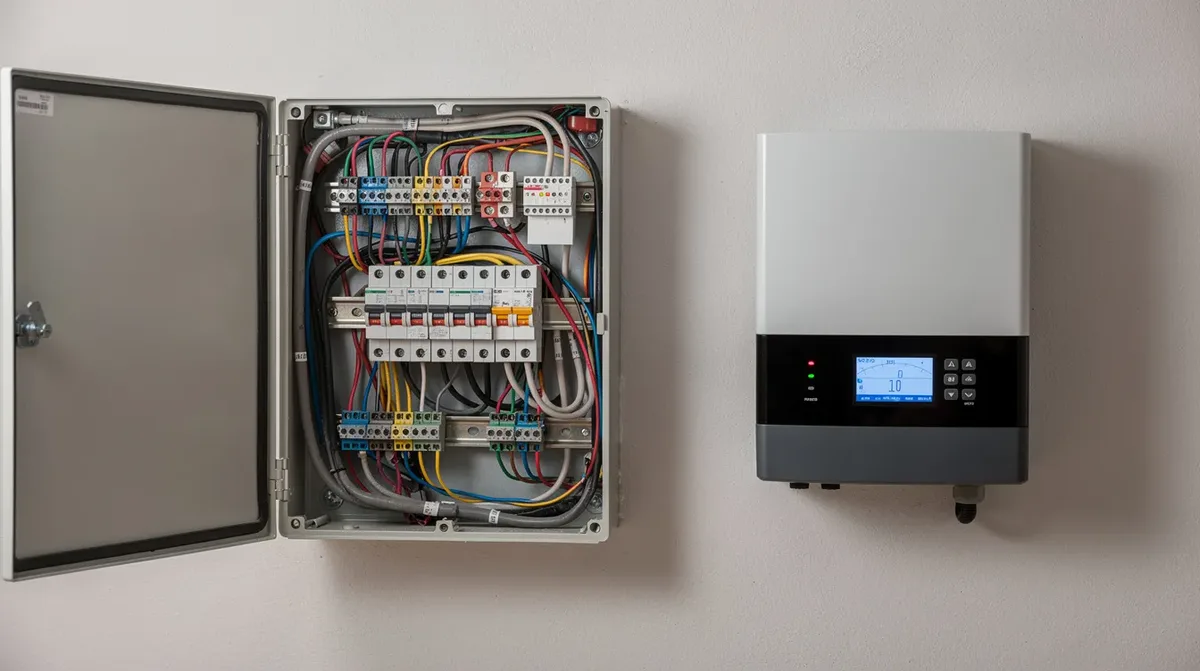 Une vue rapprochée d'un tableau électrique résidentiel ouvert, montrant le câblage et les disjoncteurs, est positionnée à côté d'un onduleur solaire mural, essentiel pour la gestion de l'énergie solaire et le stockage dans une batterie solaire. Cette installation est cruciale pour optimiser l'autoconsommation et garantir l'autonomie énergétique de la maison.