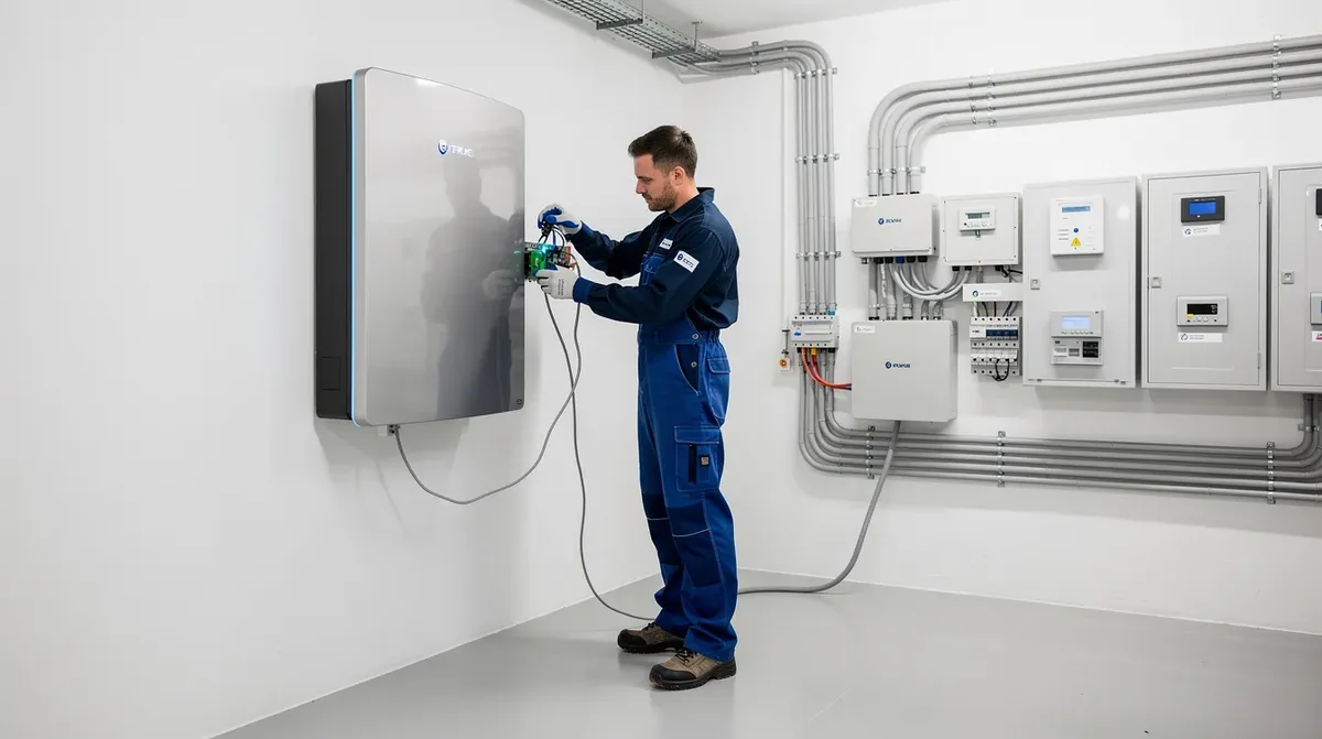 Un technicien en tenue de travail installe une batterie murale dans un local technique résidentiel, bien éclairé et propre, soulignant l'importance du stockage d'énergie pour l'autoconsommation dans une maison. Cette intervention met en avant les solutions modernes de batteries lithium pour optimiser l'autonomie énergétique.
